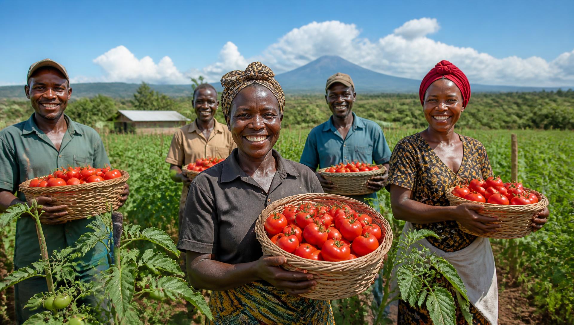 Happy farmers holding baskets of fresh tomatoes on a green farm